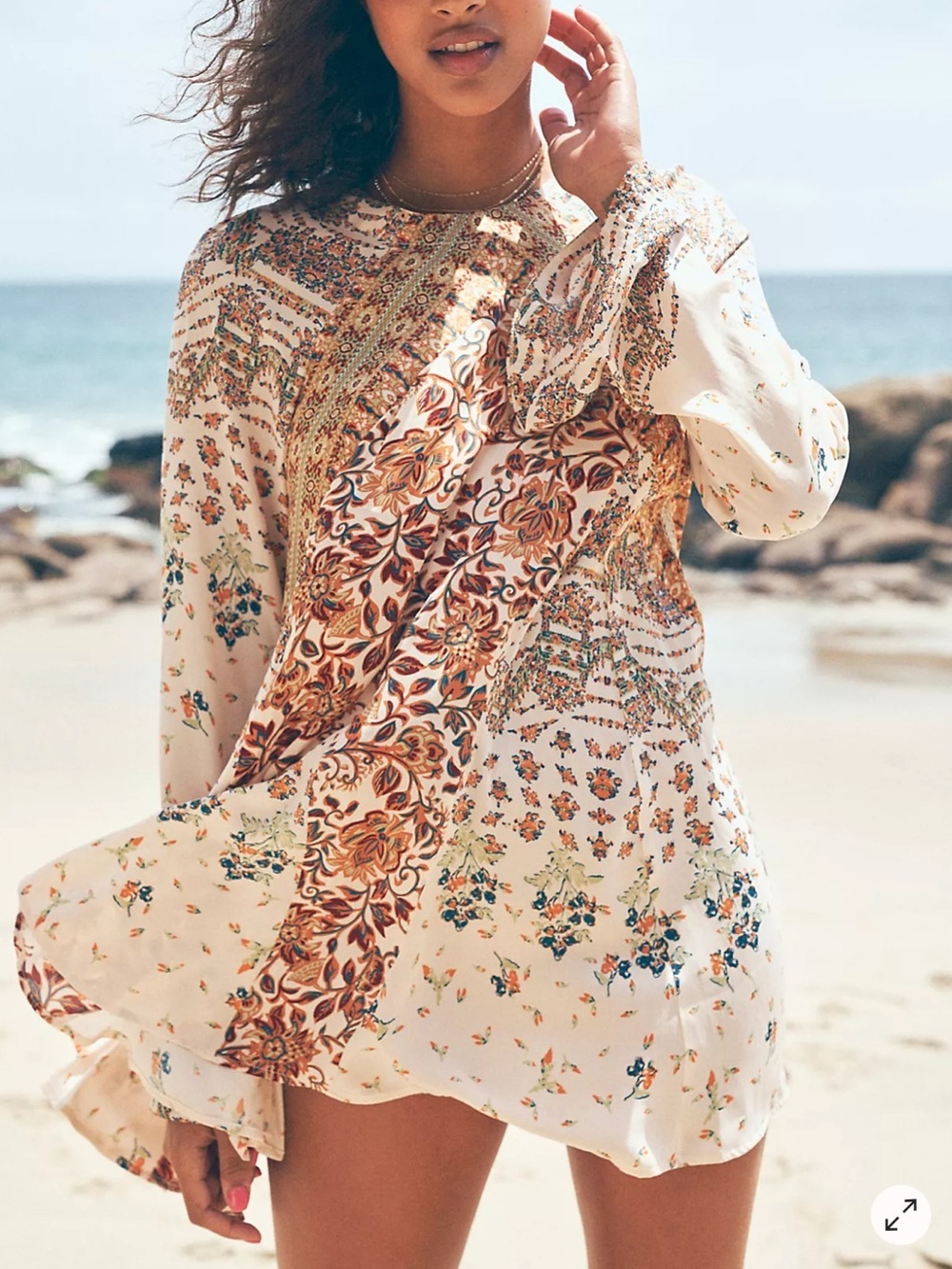 Boho Floral Stevie Long Sleeve Mini Dress in Cream and Olive